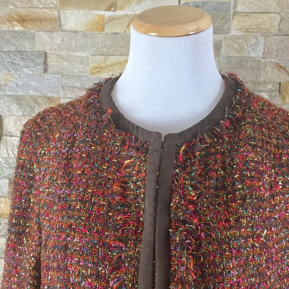 CHICO'S Tweed Brown Career Blazer Jacket 1 MEDIUM Classic Office Rainbow Knit - Picture 7 of 9